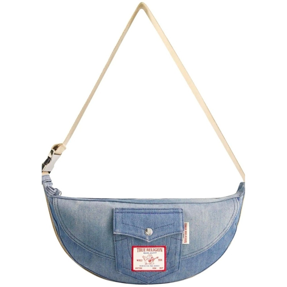 True Religion Denim Crescent Shoulder Bag Adjustable Strap Zip Closure Women